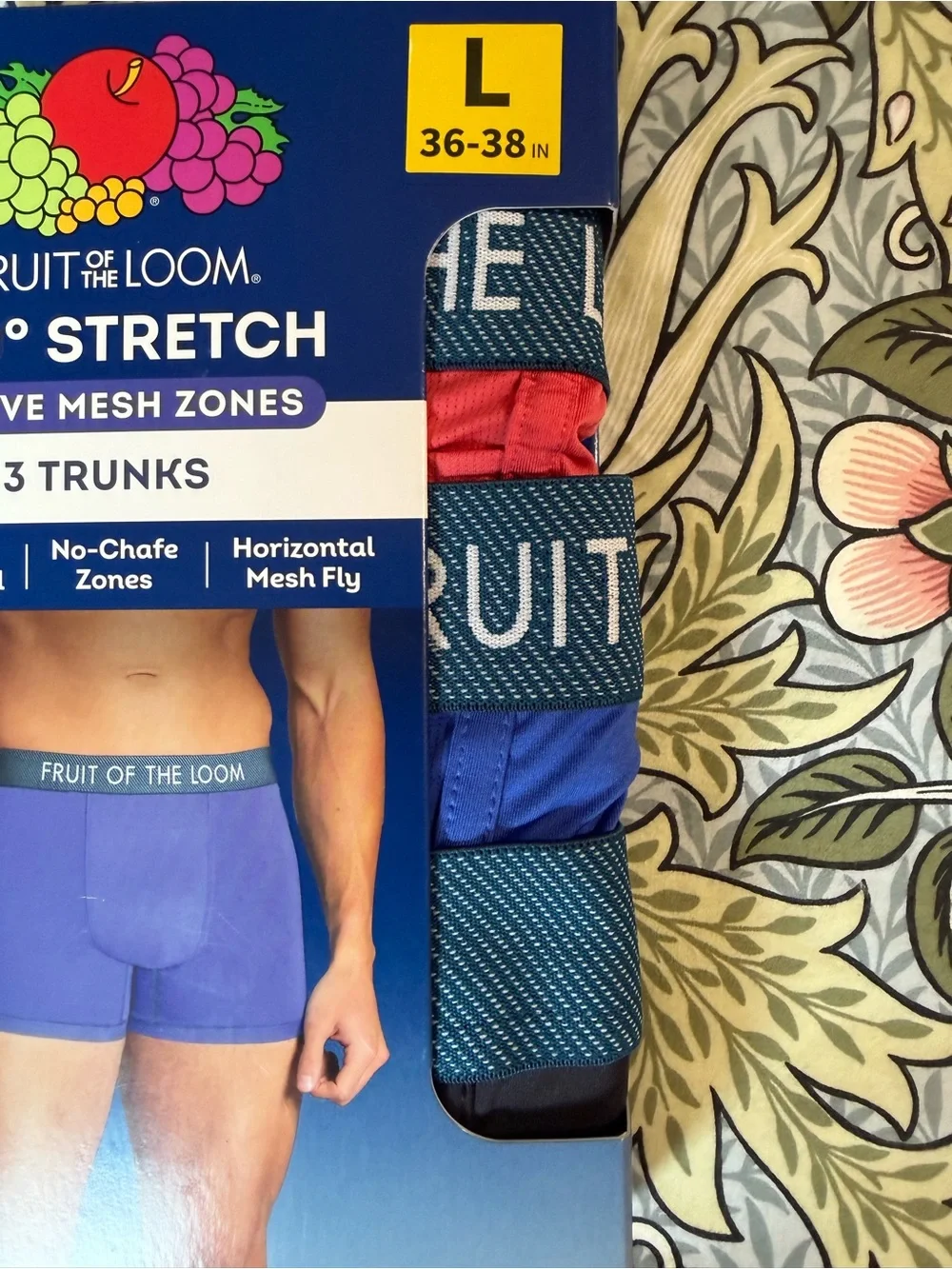 Fruit of the Loom 360° Stretch Men's Trunks - 3 Pack, Blue/Pink/Green, Large